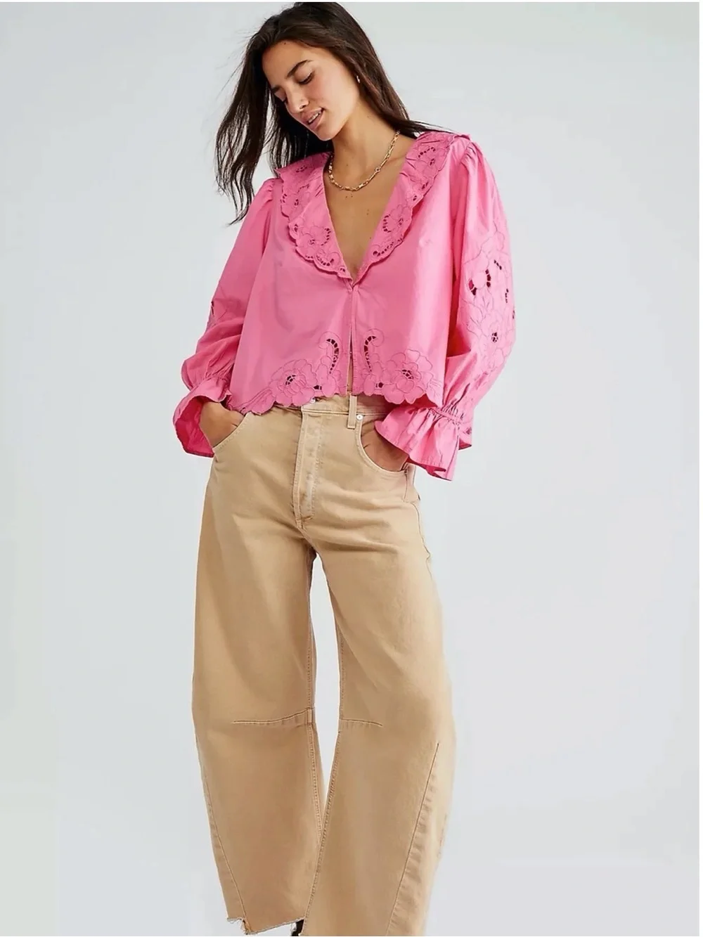 Free People Bubblegum Maisie Cutwork Blouse  🏄🏻‍♀️🥥